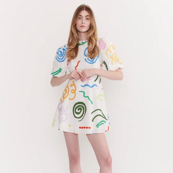 OLIVIA RUBIN Ria White Sketchy Floral Mini Dress White Multi Sz 8 {QQ35}